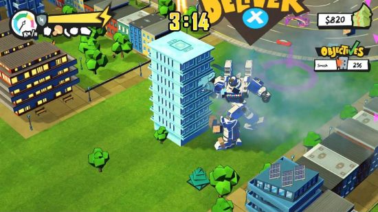 Mek-spel: en robot attackerar en stor blå byggnad medan han försöker leverera pizza