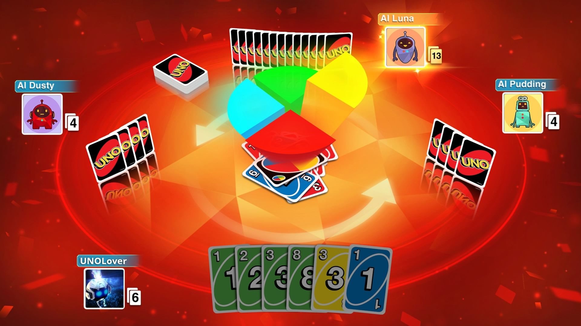 En skärmdump från UNO, ett sällskapsspel, som visar en cirkel med fyra kvadranter skurna i mitten, en blå, en grön, en röd, en gul och fyra rader med upprättstående kort i en cirkel runt dem, med spelarkorten pekande mot publiken.