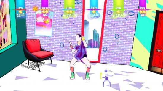En skärmdump från Just Dance, ett partyspel, som visar en tecknad person som dansar in från en spegel.