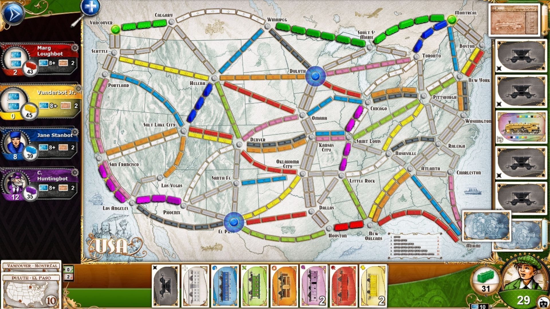 En skärmdump från Ticket to Ride, ett partyspel, som visar en karta med olika färgglada länkar ritade över den, som visar järnvägstransporter.