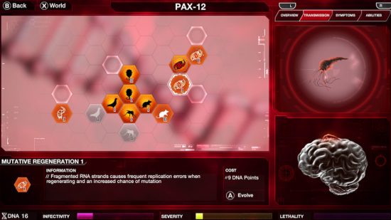 Vetenskapsspel: En skärmdump från Plague Inc Evolved som visar matrisen för att skapa ett virus