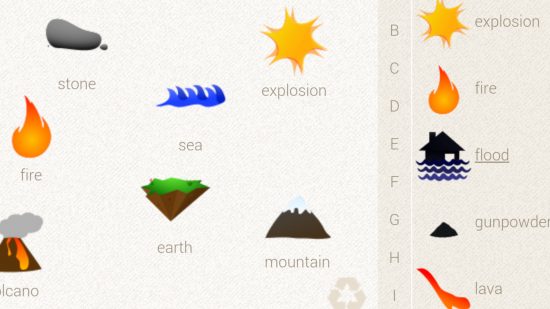 Vetenskapsspel: En skärmdump från Little Alchemy som visar de enkla symbolerna som används för att representera allt du kan göra, inklusive vågor för havet, ett tecknat berg och mer