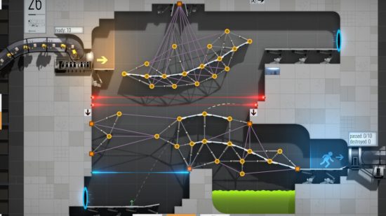 Vetenskapsspel: En skärmdump från Bridge Constructor Portal som visar ett invecklat brosystem och dödliga hinder.